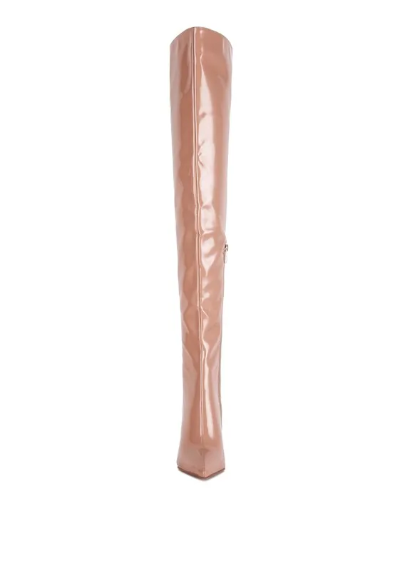 Eclectic Nude Patent Leather Stiletto High Heel Boots