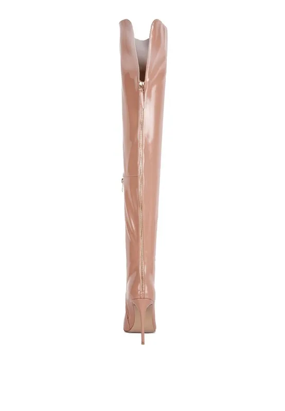Eclectic Nude Patent Leather Stiletto High Heel Boots