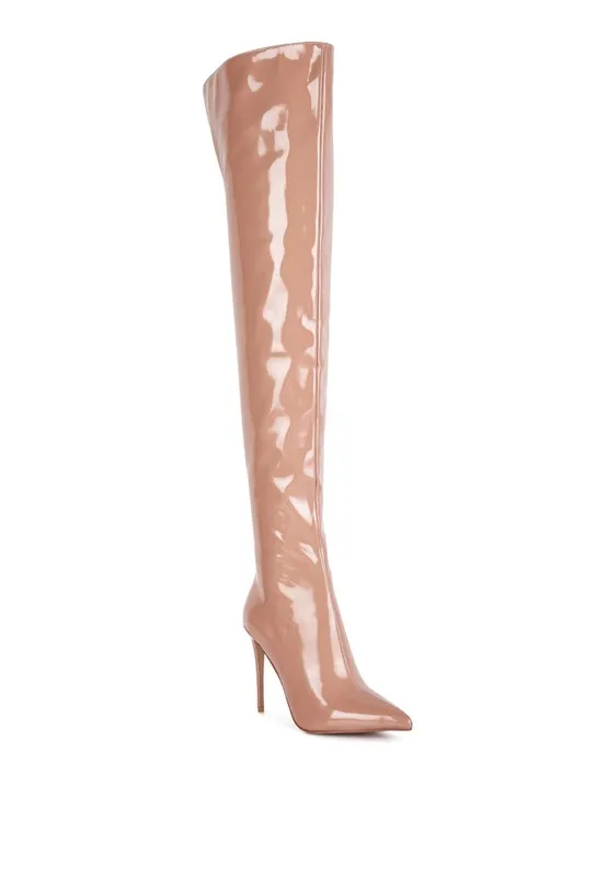 Eclectic Nude Patent Leather Stiletto High Heel Boots
