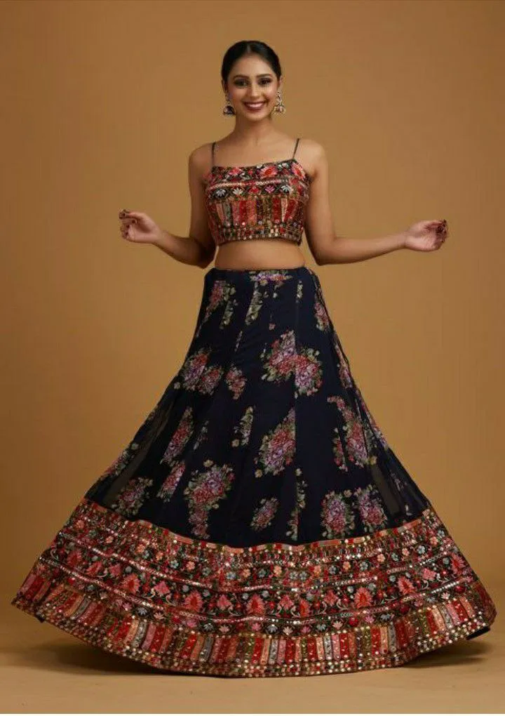 Ethnic Elegance Navy Blue Sleeve Less Lehnga Choli