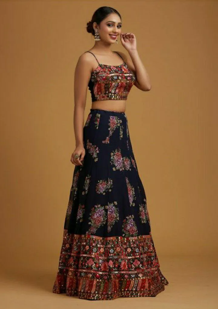 Ethnic Elegance Navy Blue Sleeve Less Lehnga Choli