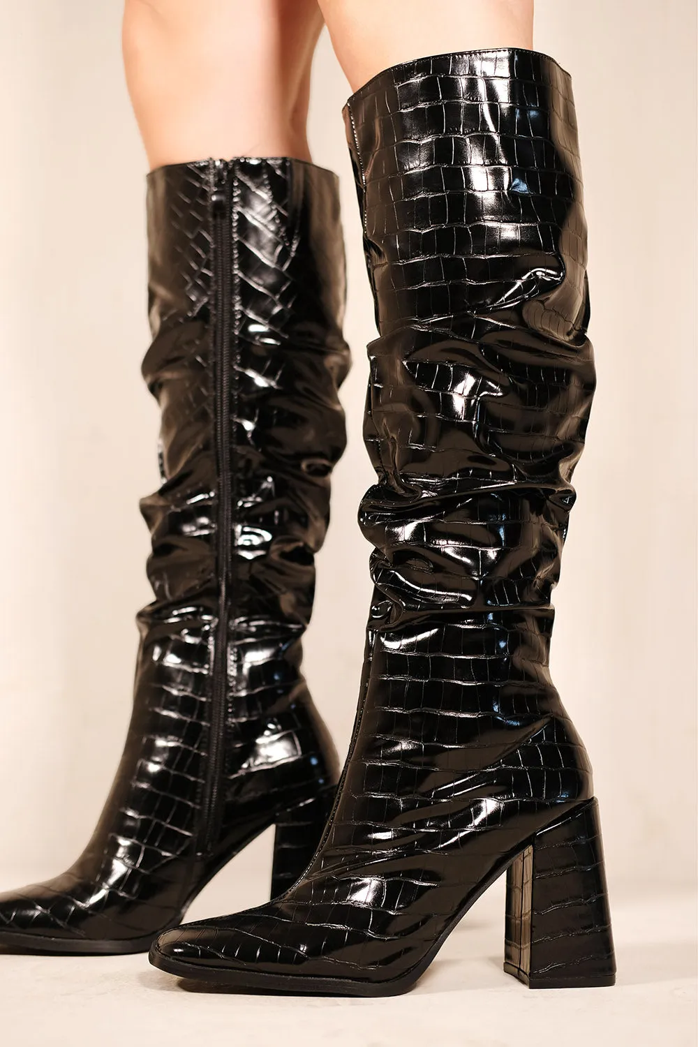 GREELEY RUCHED BLOCK HEEL CALF BOOTS WITH SIDE ZIP IN BLACK CROCO