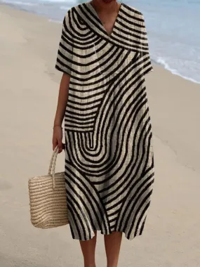 Hand-Drawn Geometric Flowy V-Neck Dress