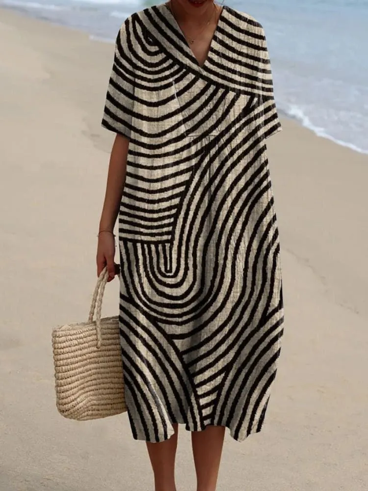 Hand-Drawn Geometric Flowy V-Neck Dress