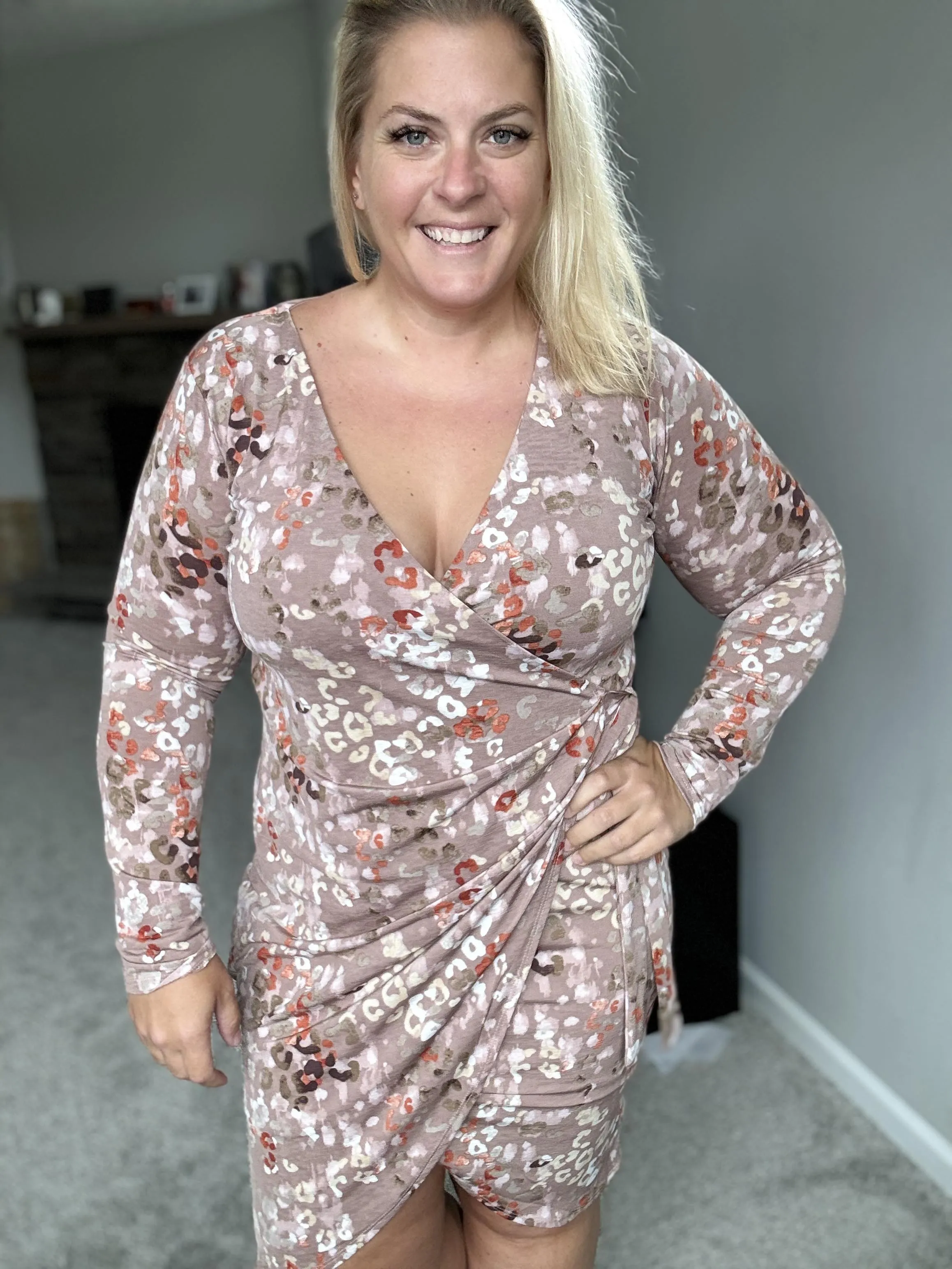 Honey Do I Ever Faux Wrap Dress in Taupe