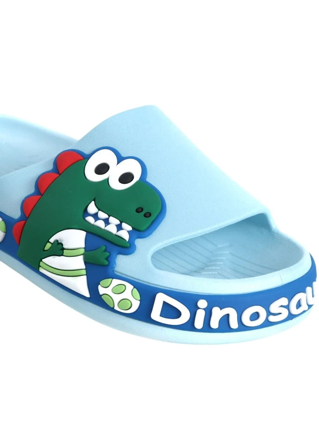 Jurassic Junior Slides: Blue Dinosaur Applique Slides for Kids