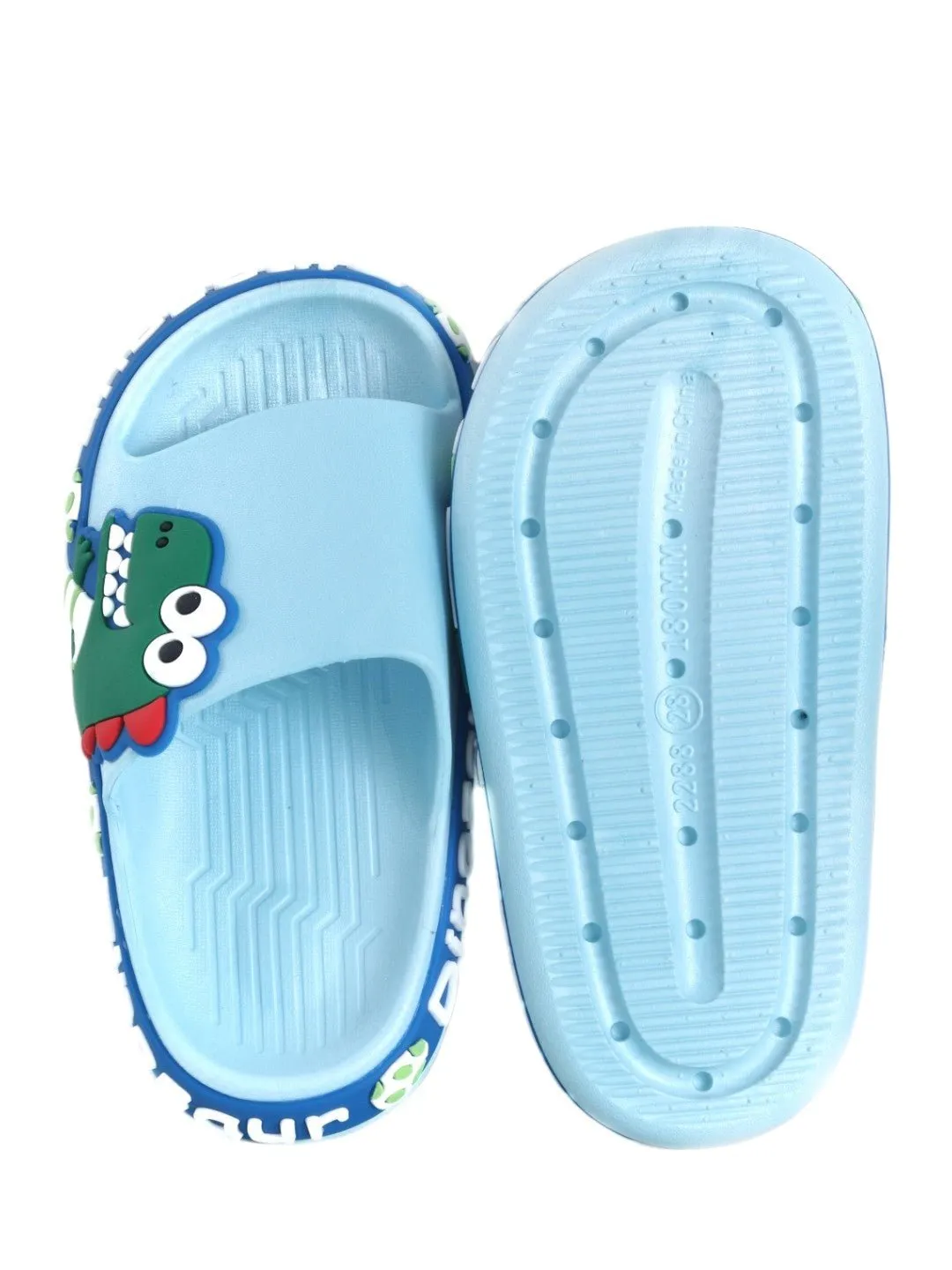 Jurassic Junior Slides: Blue Dinosaur Applique Slides for Kids