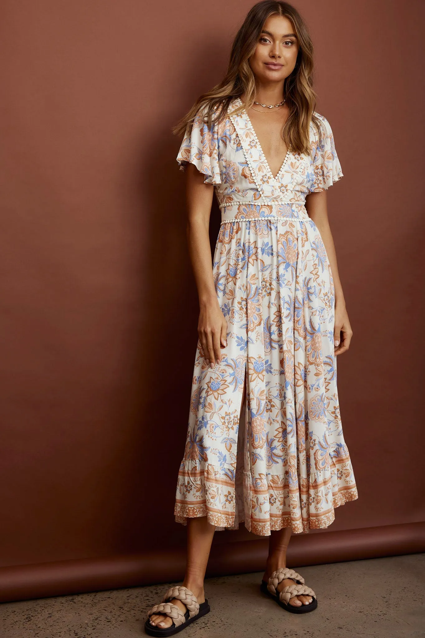 Kailee Short Sleeve Midi Dress Beige/Rust