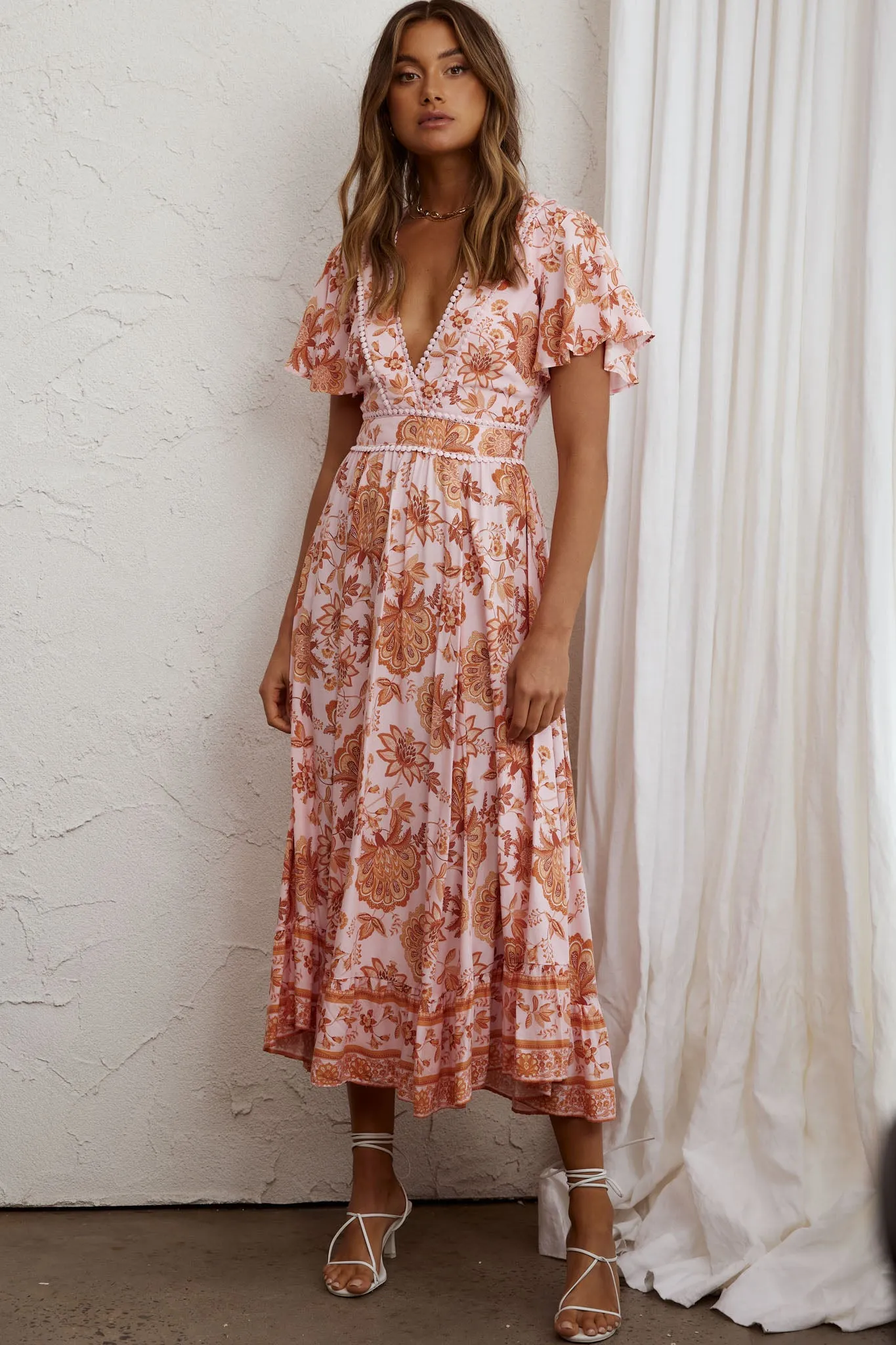 Kailee Short Sleeve Midi Dress Pink/Orange