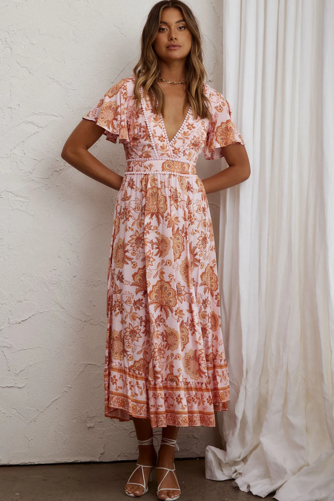 Kailee Short Sleeve Midi Dress Pink/Orange