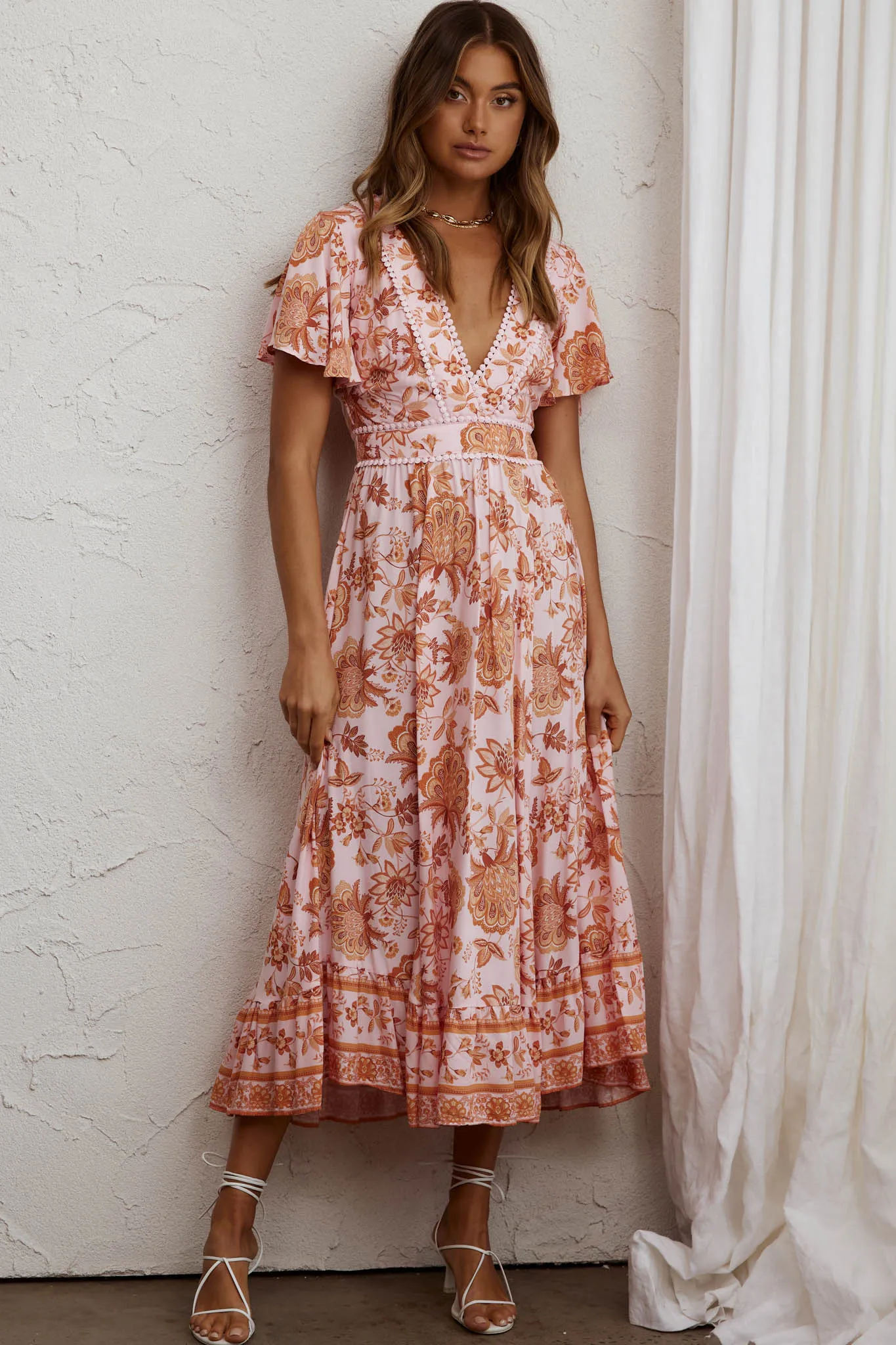 Kailee Short Sleeve Midi Dress Pink/Orange