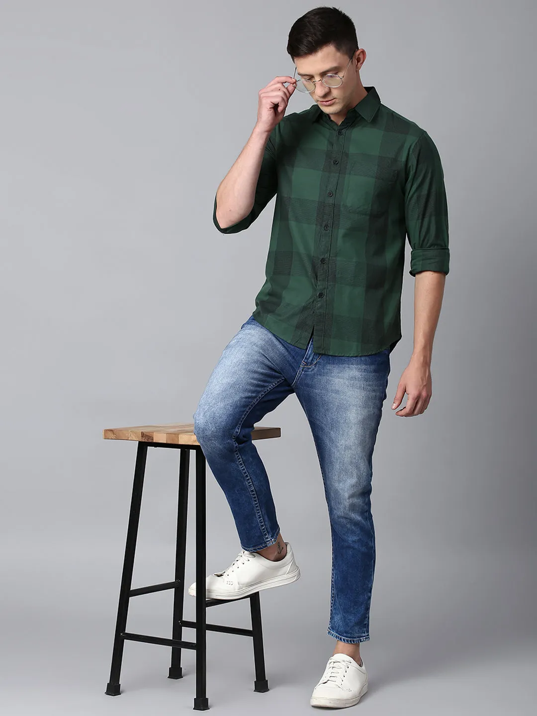 Men's Checkered Green Slim Fit Casual Shirt With Spread Collar
