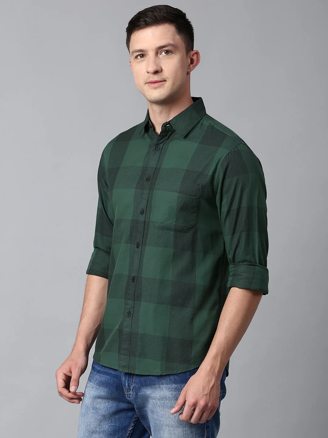 Men's Checkered Green Slim Fit Casual Shirt With Spread Collar