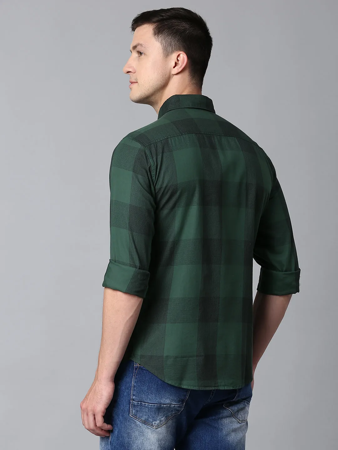 Men's Checkered Green Slim Fit Casual Shirt With Spread Collar