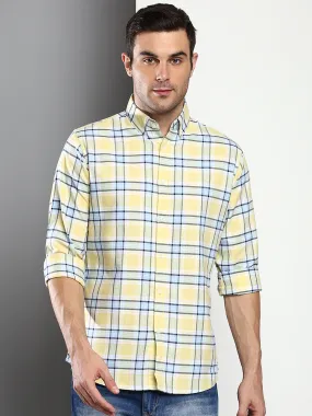 Men's Checkered Lemon Slim Fit Oxford Cotton Casual Shirt With Button Down Collar & Full Sleeves (C4106_Lemon_S)