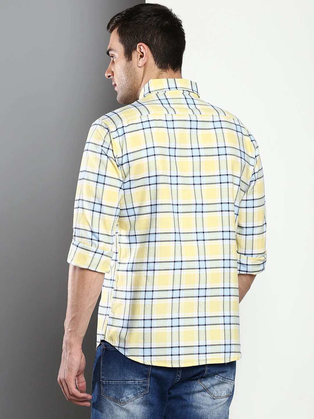 Men's Checkered Lemon Slim Fit Oxford Cotton Casual Shirt With Button Down Collar & Full Sleeves (C4106_Lemon_S)