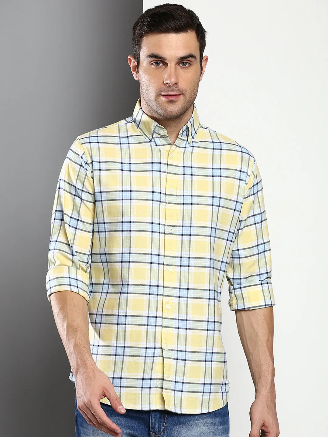 Men's Checkered Lemon Slim Fit Oxford Cotton Casual Shirt With Button Down Collar & Full Sleeves (C4106_Lemon_S)