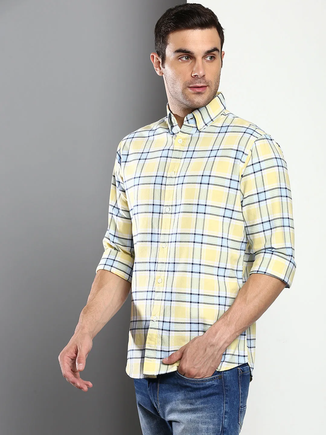 Men's Checkered Lemon Slim Fit Oxford Cotton Casual Shirt With Button Down Collar & Full Sleeves (C4106_Lemon_S)