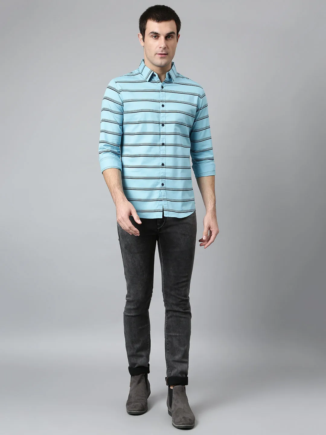 Men's Cotton Striped Blue Slim Fit Casual Shirt