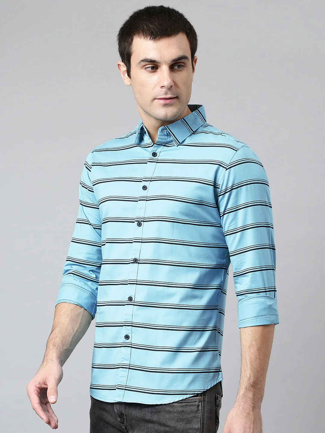 Men's Cotton Striped Blue Slim Fit Casual Shirt
