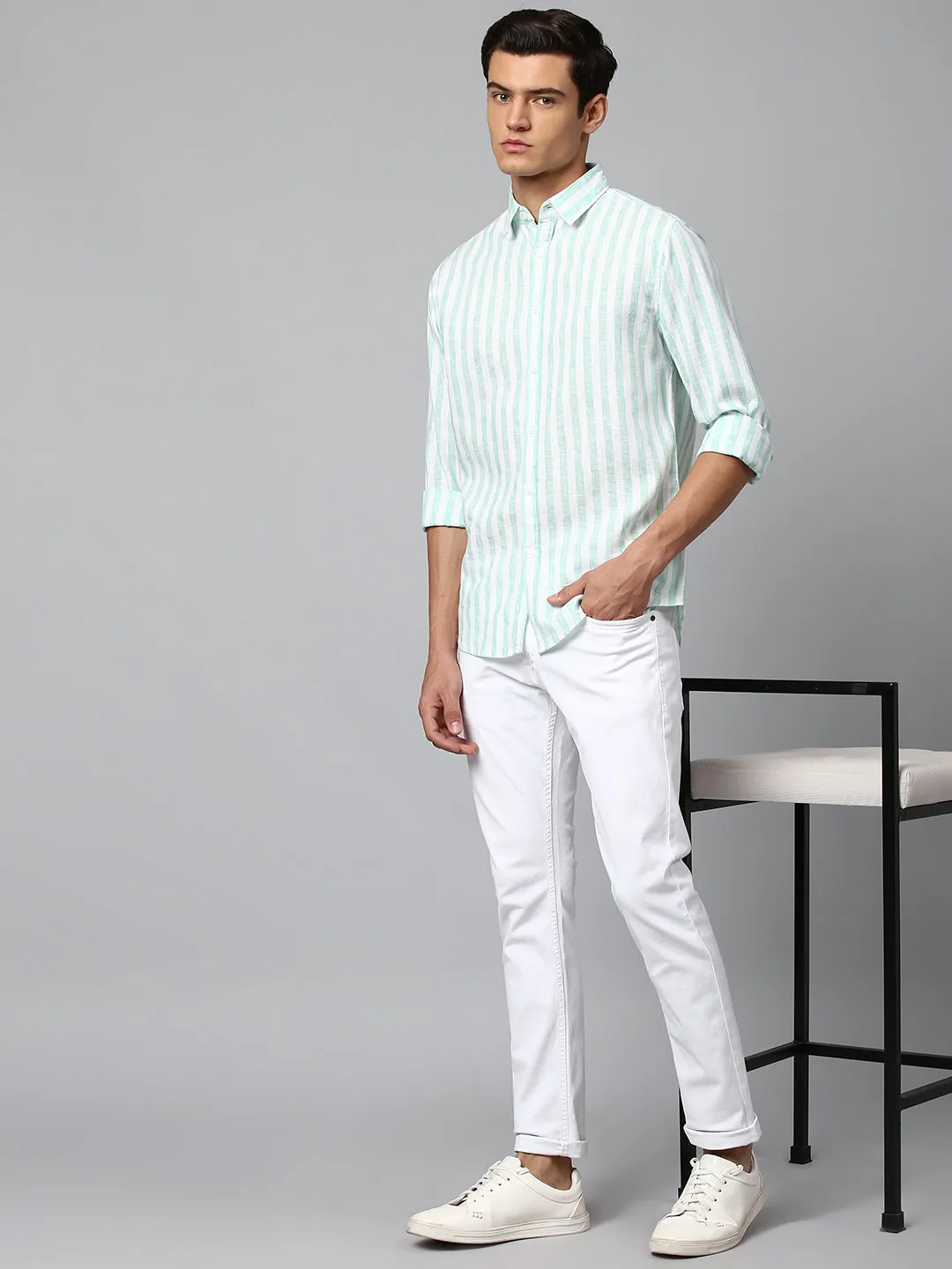 Men's Green Slim Fit Linen Casual Shirt