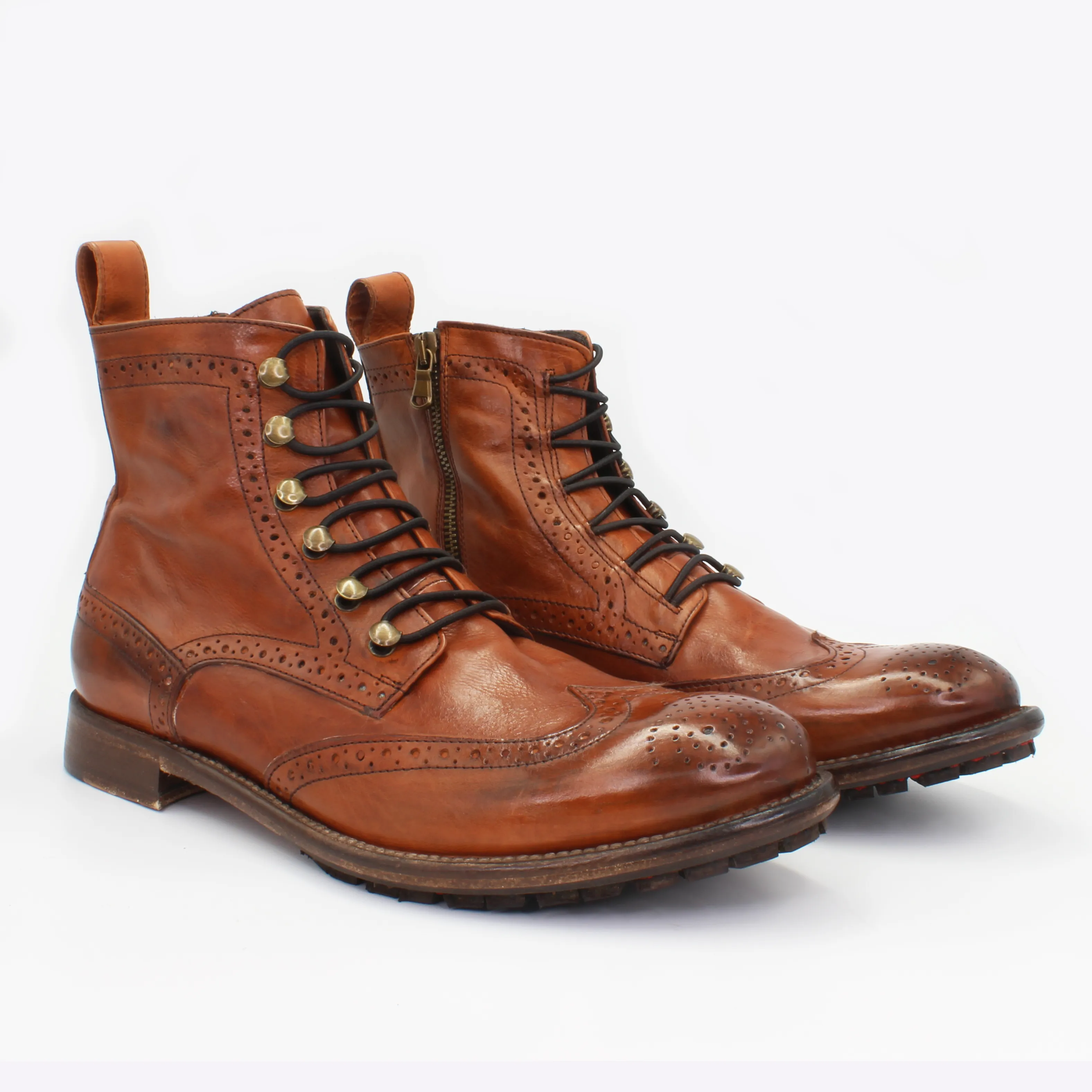 Men's Lace-Up Brogue Ankle Boot in Calf Leather Cuoio Tan (JPU38767/11)