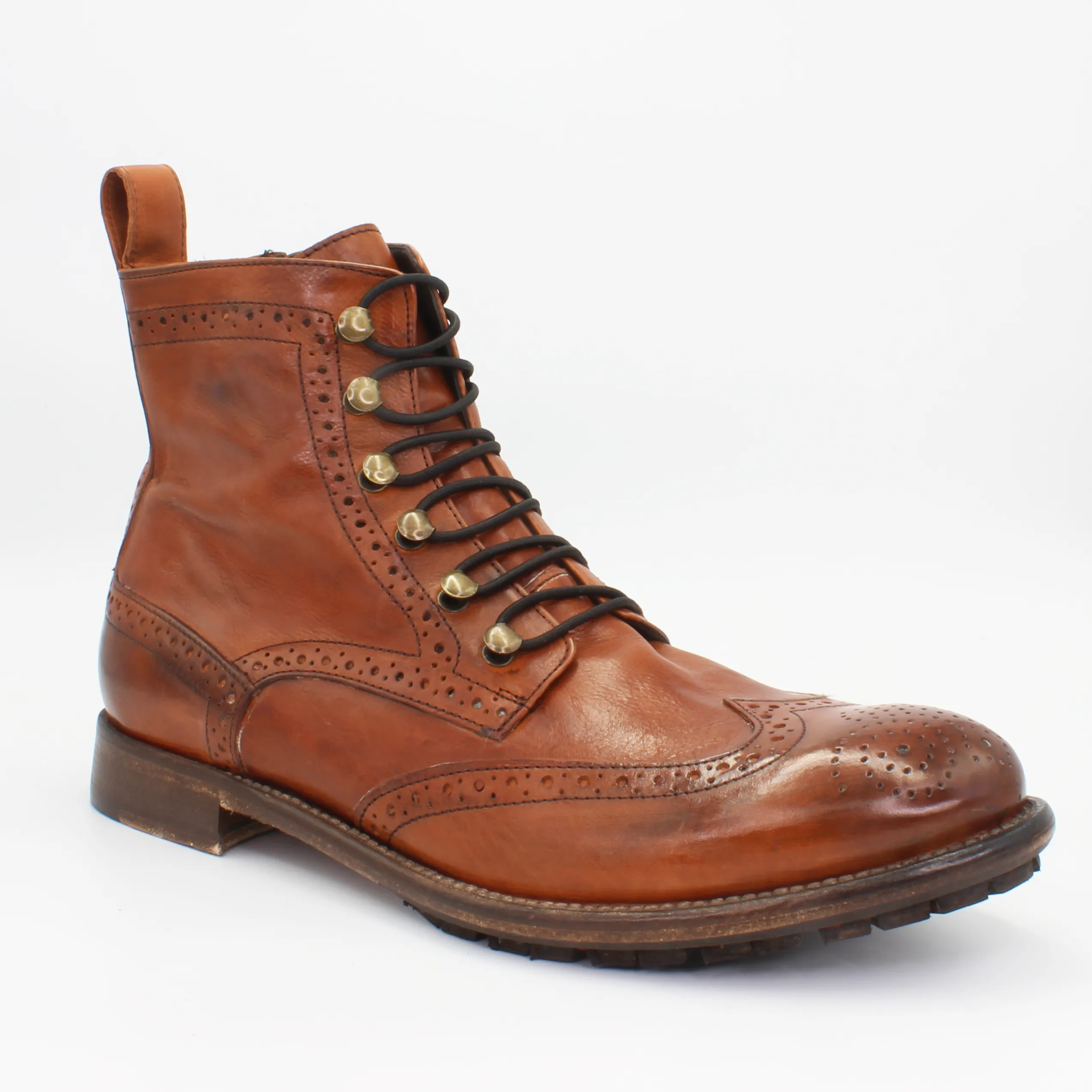 Men's Lace-Up Brogue Ankle Boot in Calf Leather Cuoio Tan (JPU38767/11)