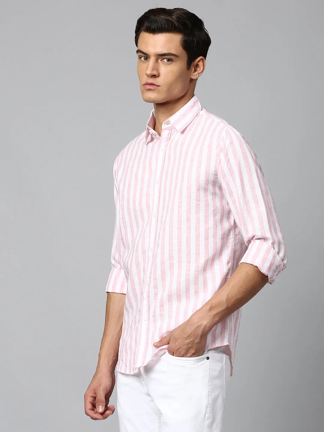 Men's Pink Slim Fit Linen Casual Shirt