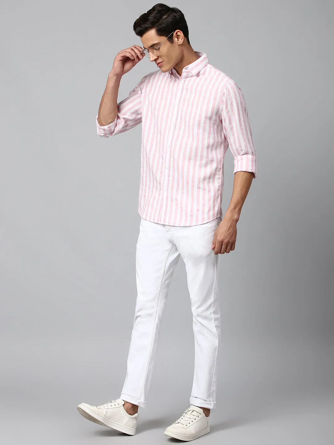 Men's Pink Slim Fit Linen Casual Shirt