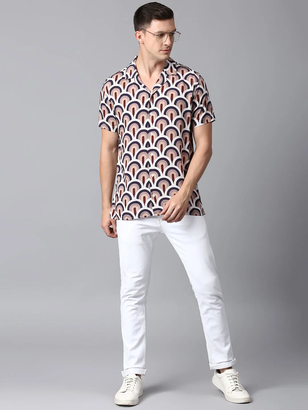 Men's Printed Burgundy Slim Fit Casual Shirt With Cuban Collar