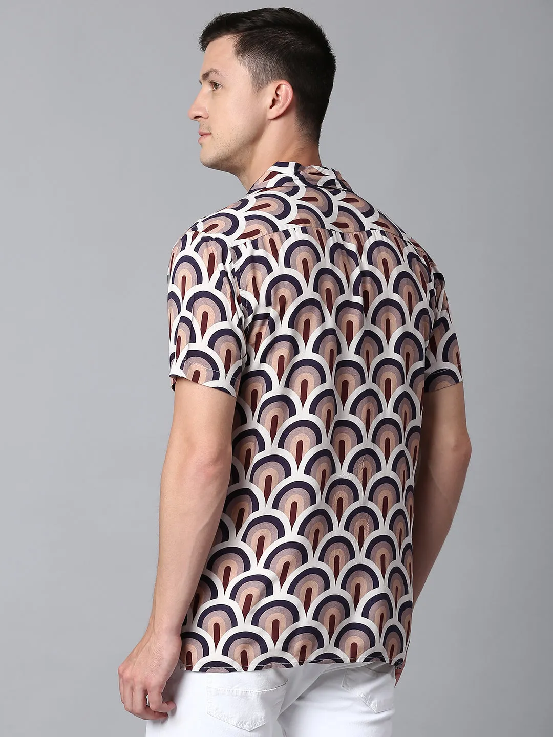 Men's Printed Burgundy Slim Fit Casual Shirt With Cuban Collar