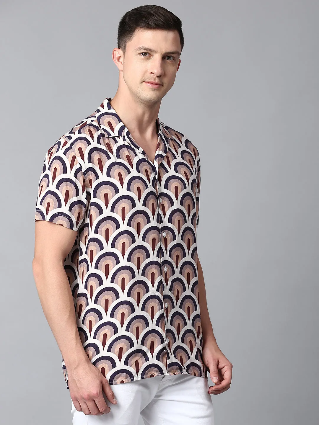 Men's Printed Burgundy Slim Fit Casual Shirt With Cuban Collar