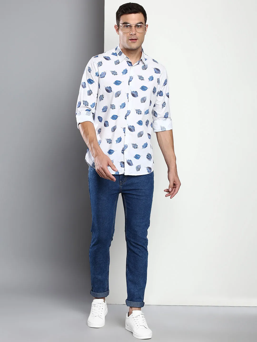 Men's Printed White Slim Fit Satin Casual Shirt With Spread Collar & Full Sleeves (C9076_White_S)