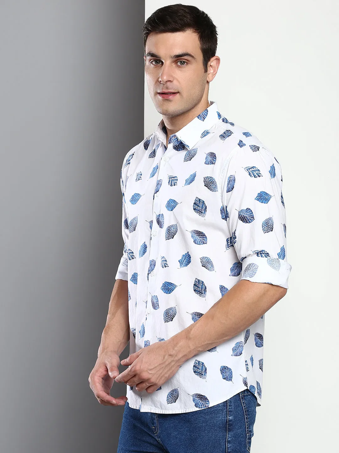 Men's Printed White Slim Fit Satin Casual Shirt With Spread Collar & Full Sleeves (C9076_White_S)