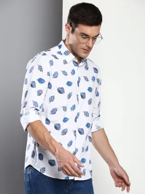 Men's Printed White Slim Fit Satin Casual Shirt With Spread Collar & Full Sleeves (C9076_White_S)
