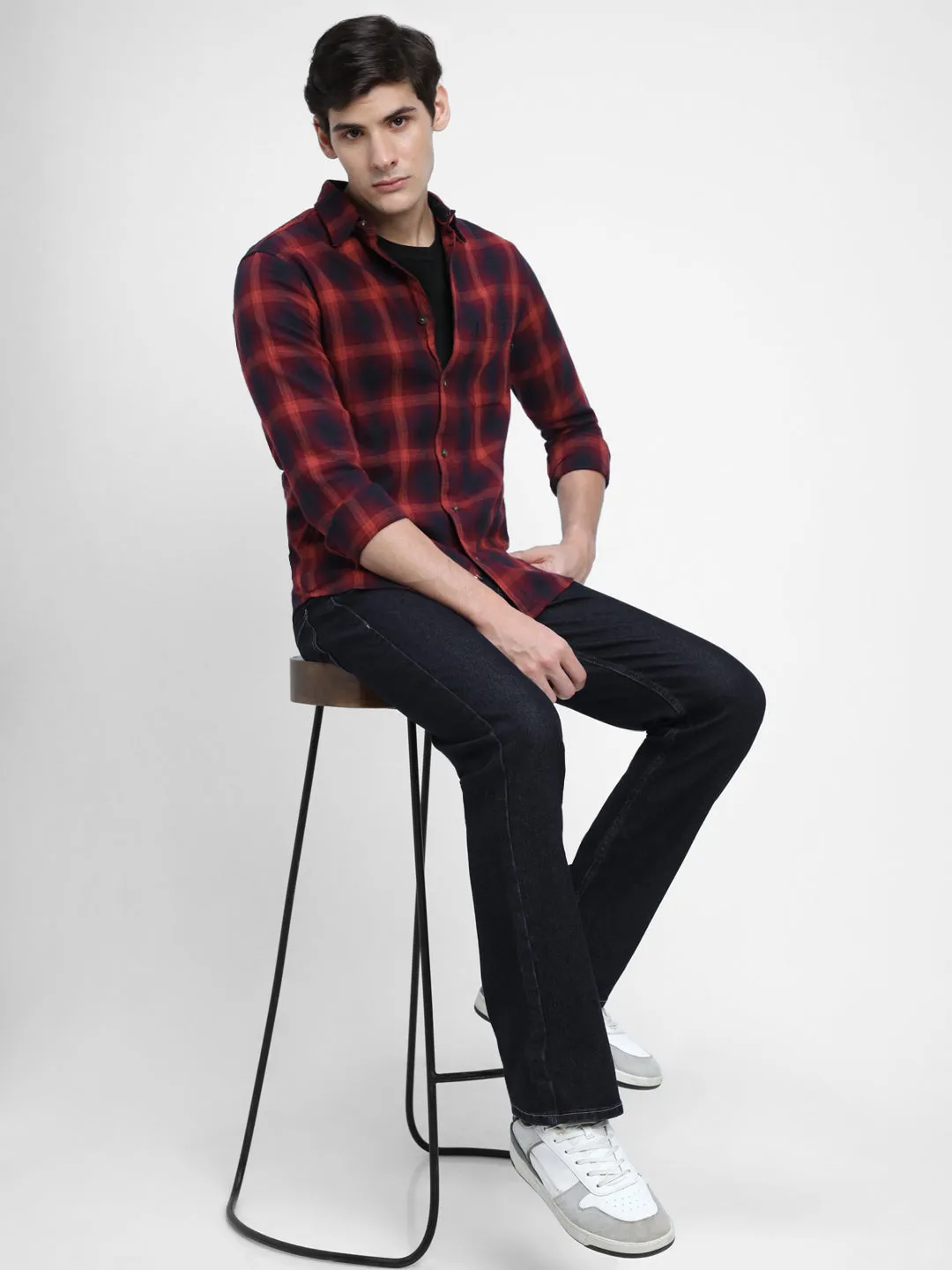 Men's Regular Collar Regular Fit Checks Navy Casual Shirts