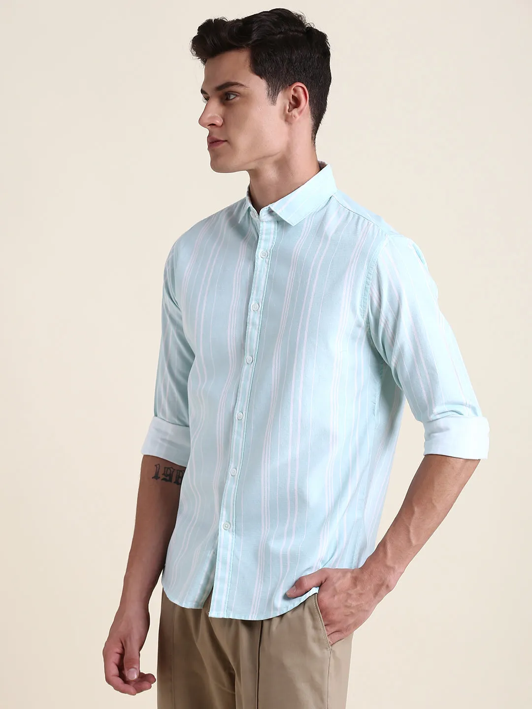 Men's Sage Green Striped Slim Fit Casual Shirt