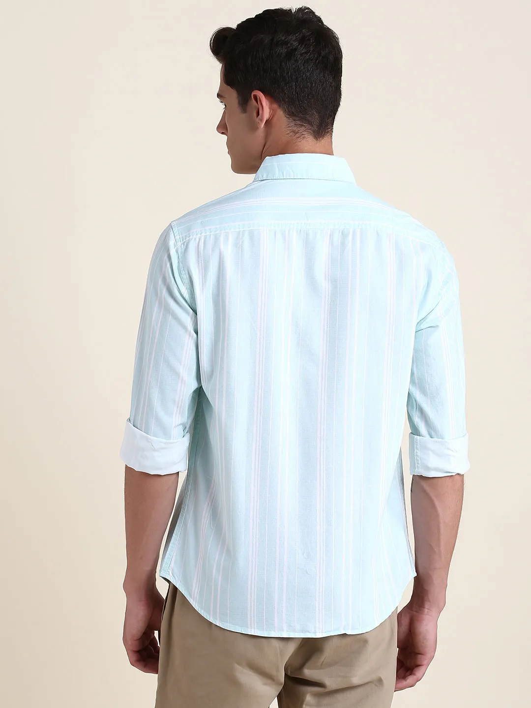Men's Sage Green Striped Slim Fit Casual Shirt