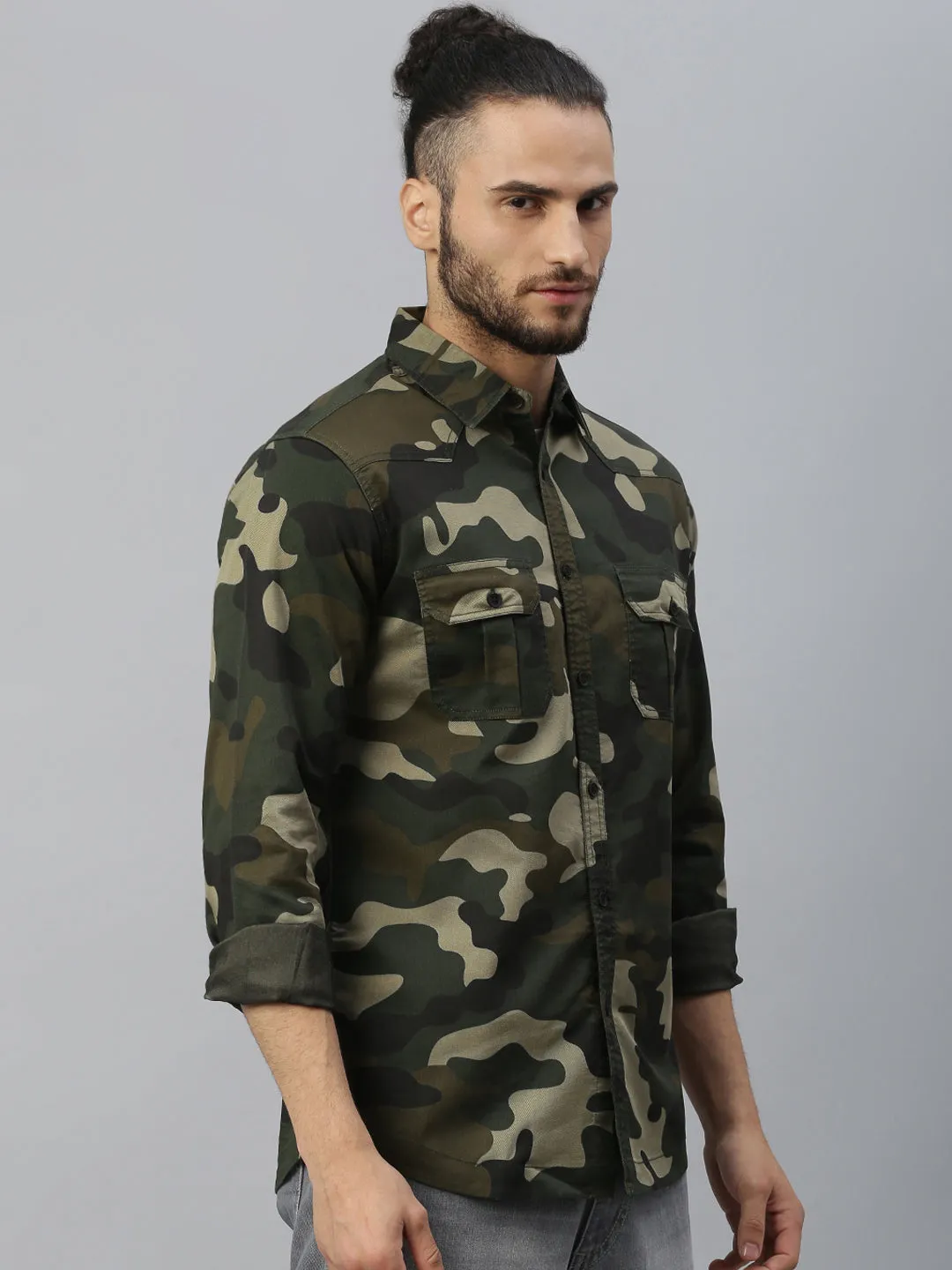 Men's Self Design Spread Collar Slim Fit Fulll Sleves Shirts (Olive)