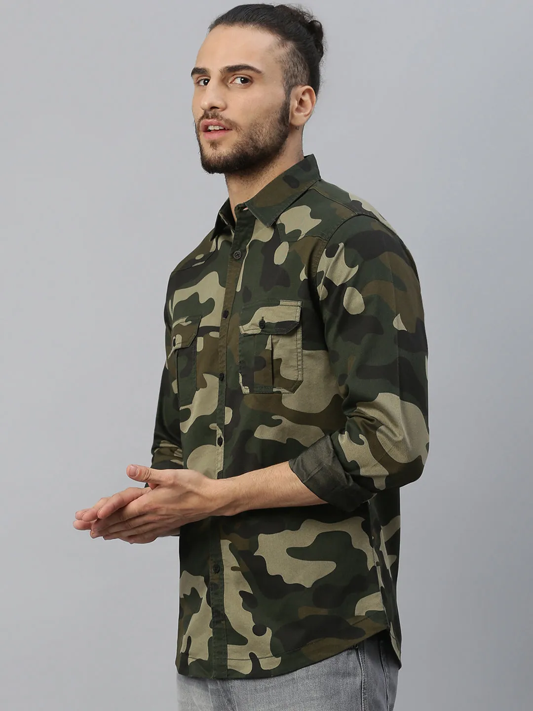 Men's Self Design Spread Collar Slim Fit Fulll Sleves Shirts (Olive)