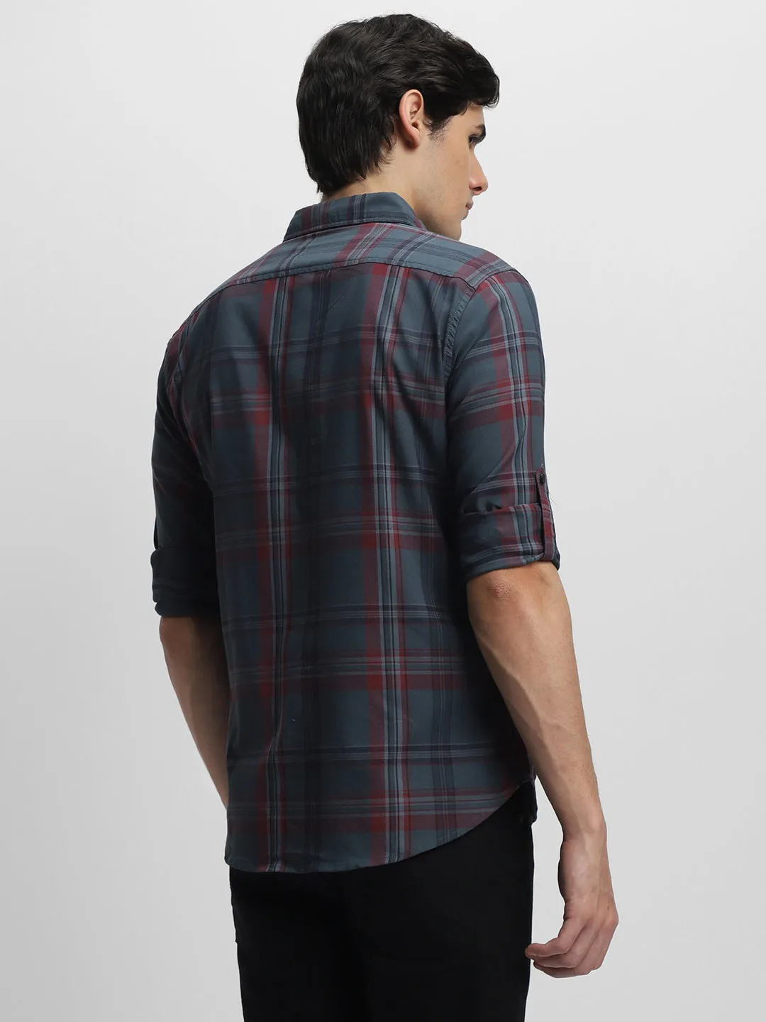 Men's Slim Fit Checked Roll-Up Sleeves Pure Cotton Casual Shirt