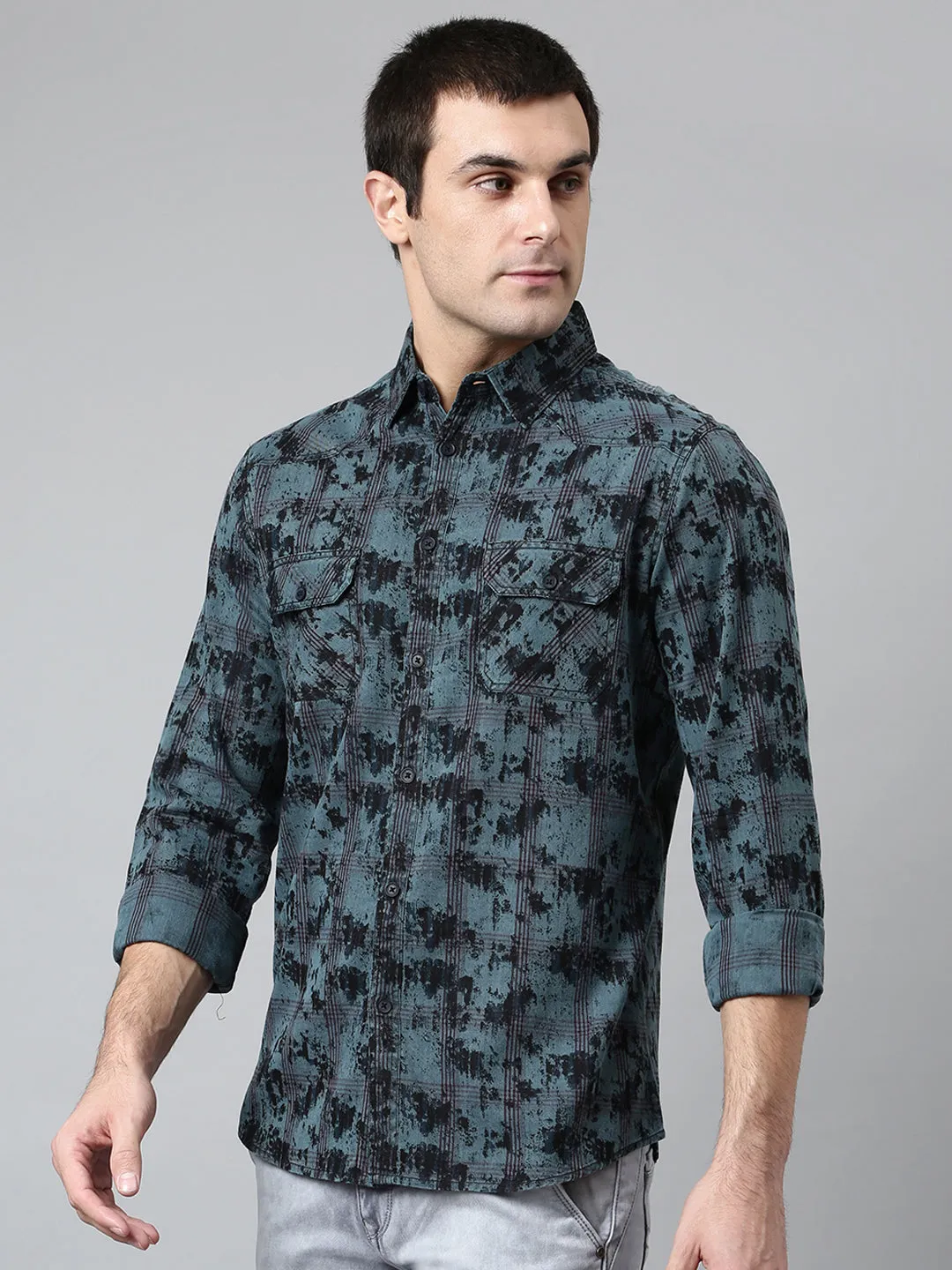 Men's Slim Fit Full Sleeves Spread Collar Printed Cotton Casual Shirt With Two Flap Pocket