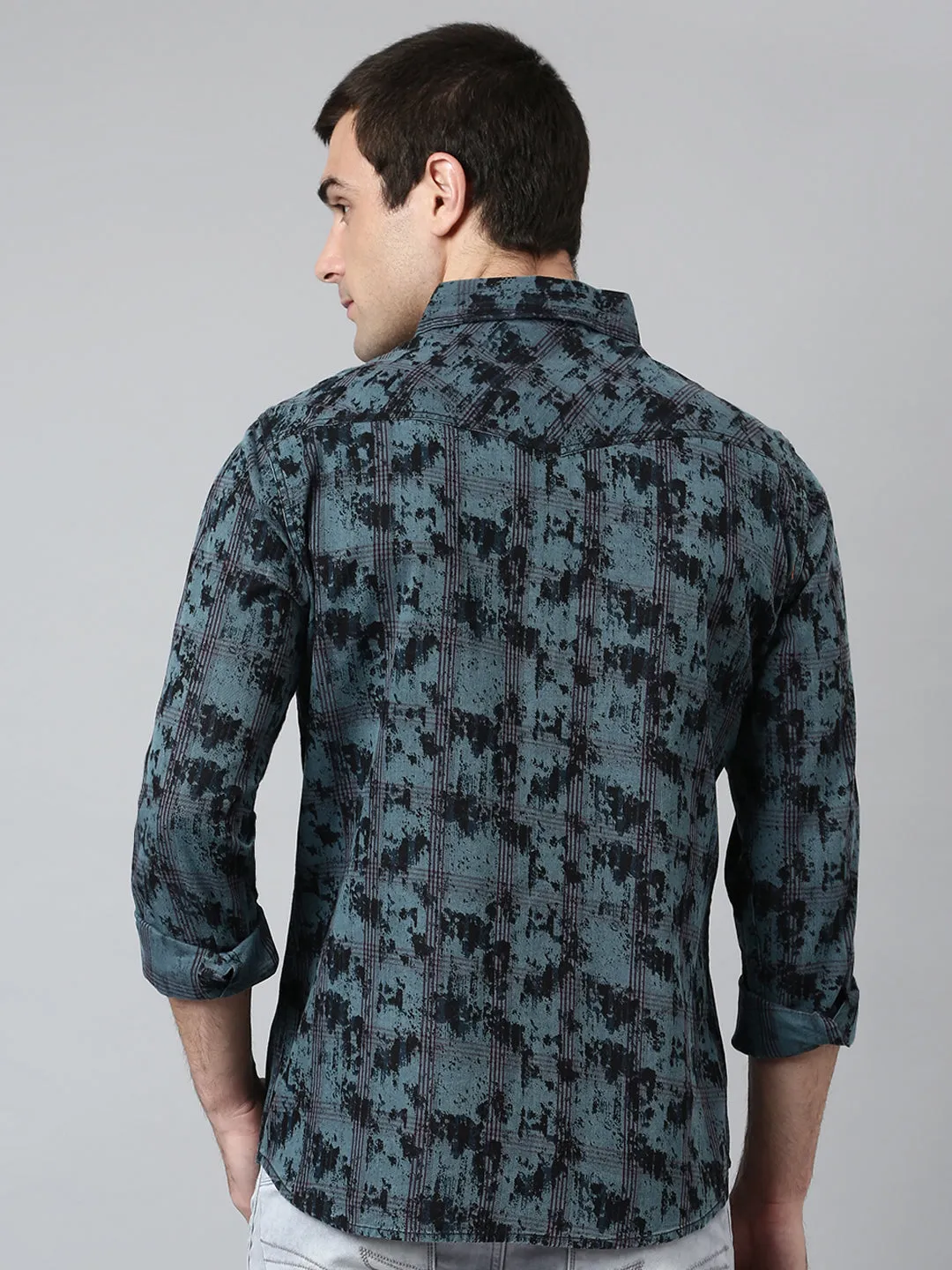 Men's Slim Fit Full Sleeves Spread Collar Printed Cotton Casual Shirt With Two Flap Pocket