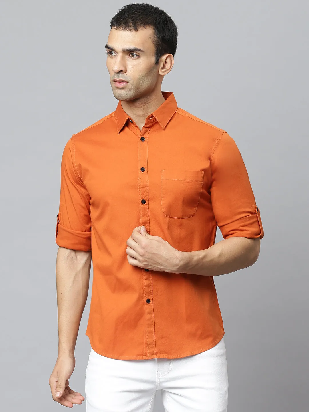 Men's Solid Rust Slim Fit Cotton Casual Shirt