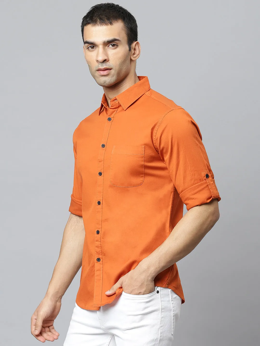 Men's Solid Rust Slim Fit Cotton Casual Shirt