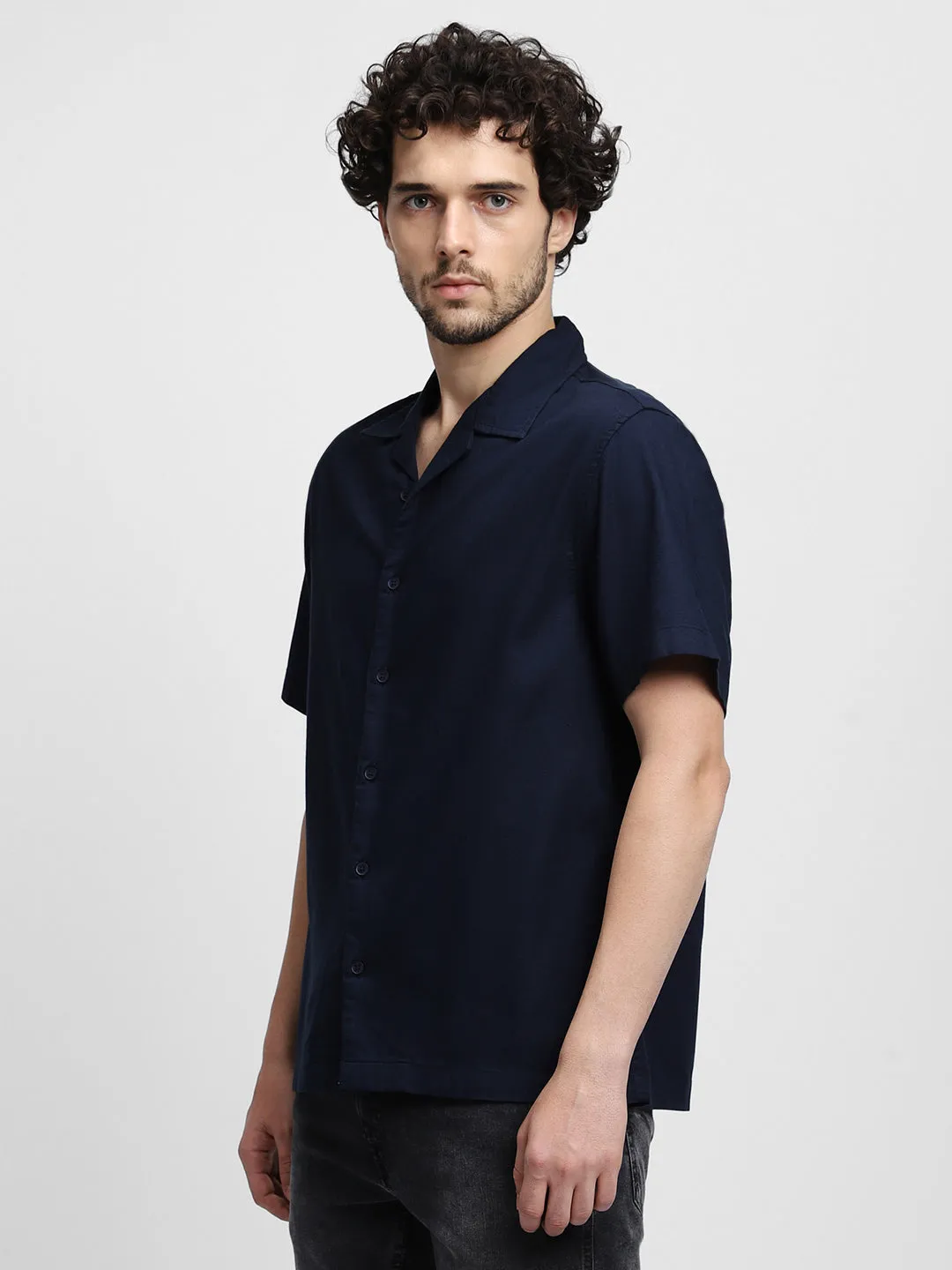 Men's Spread Collar Regular Fit Tropical Print Blue Shirt