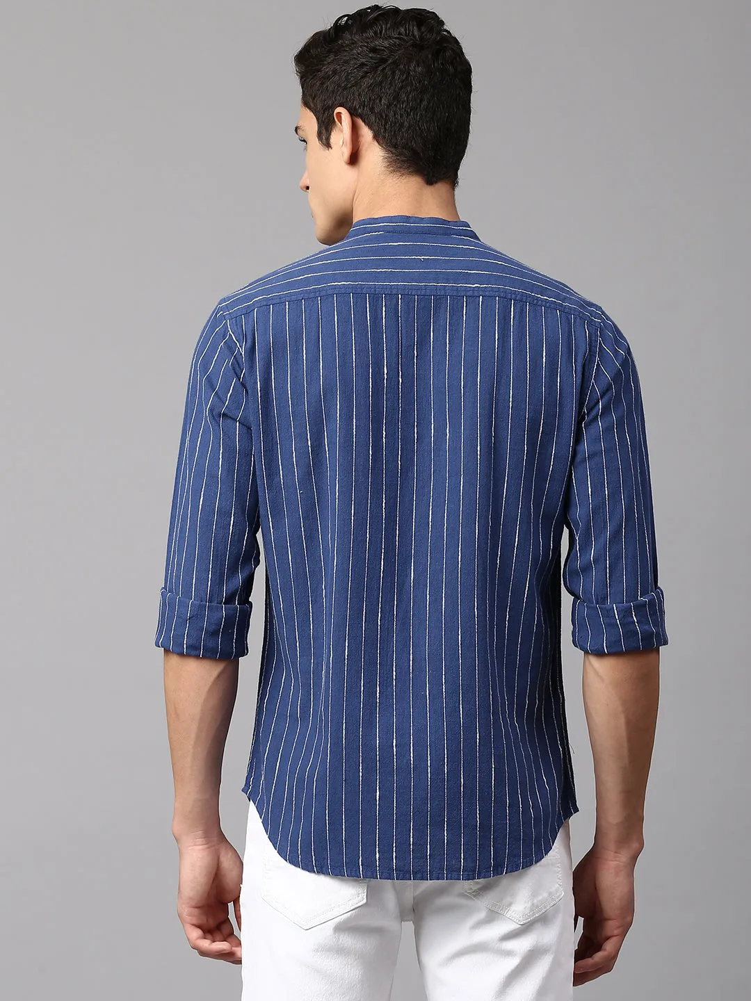 Men's Striped Blue Slim Fit Casual Shirt  Mandarin Collar