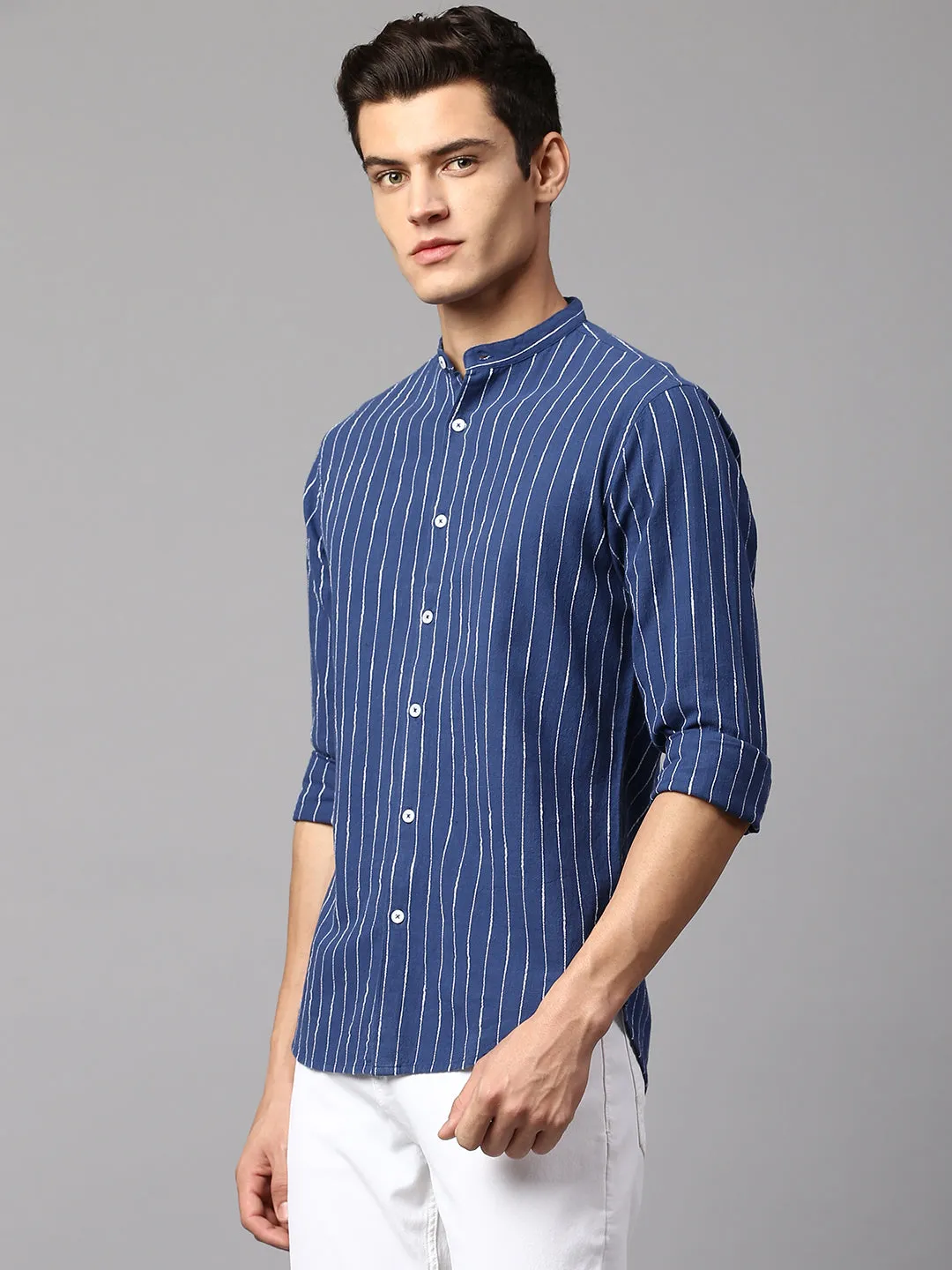 Men's Striped Blue Slim Fit Casual Shirt  Mandarin Collar