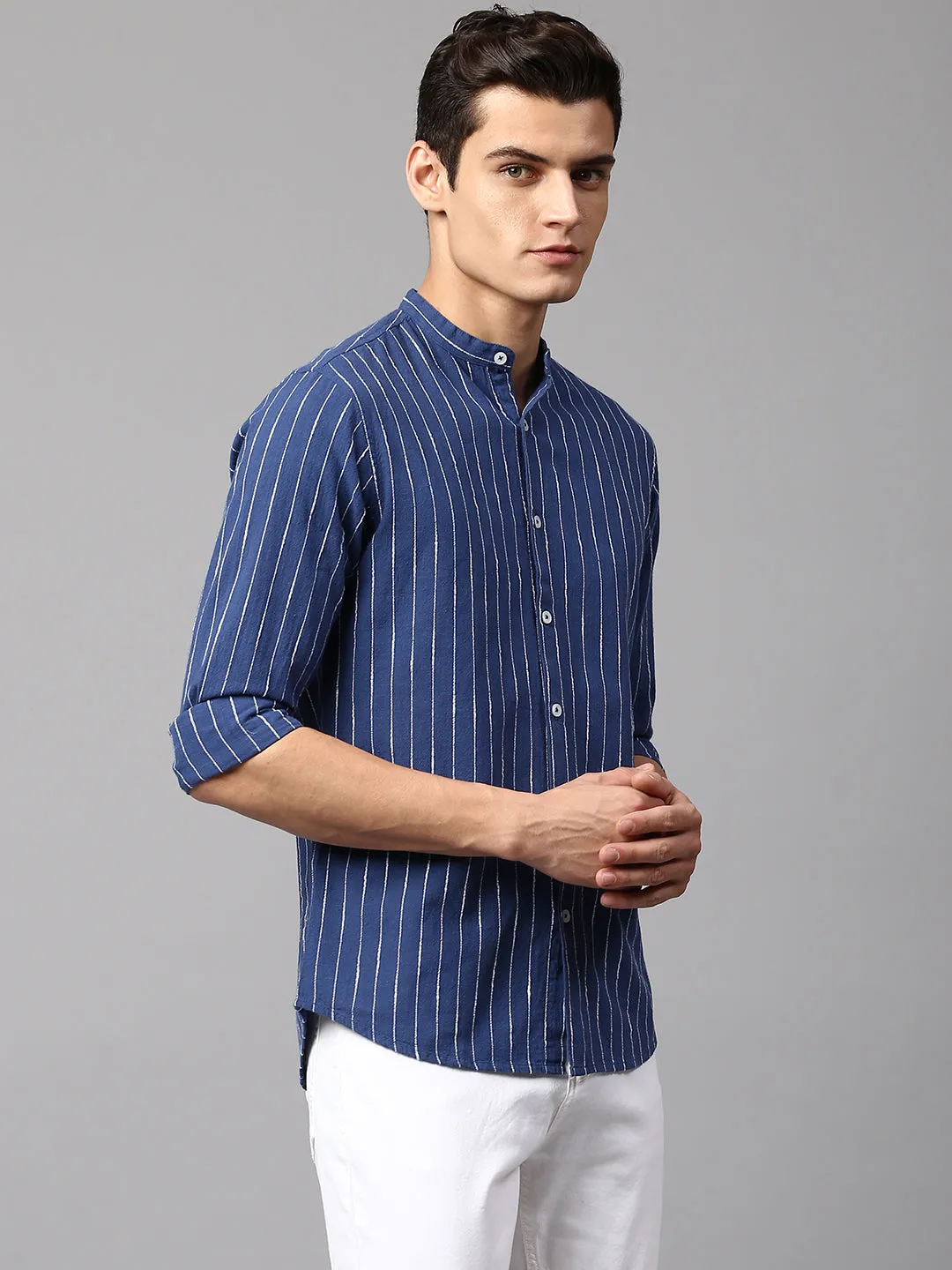 Men's Striped Blue Slim Fit Casual Shirt  Mandarin Collar