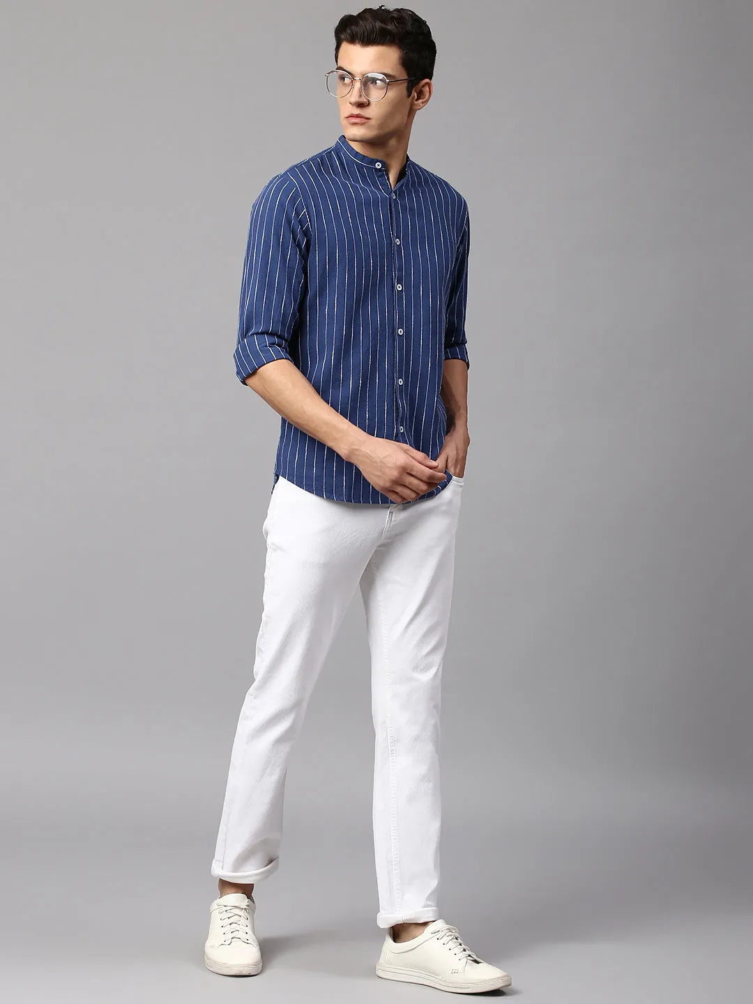 Men's Striped Blue Slim Fit Casual Shirt  Mandarin Collar
